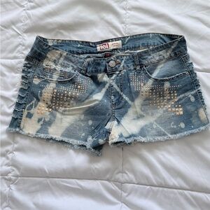 LEI Women's Distressed Blue and White Jean Shorts with Gold Studs